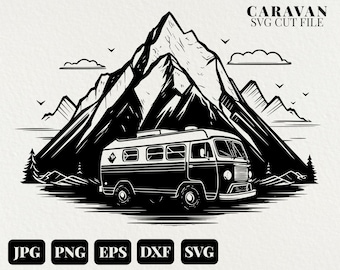 Camper & Mountains SVG Commercial Use Clip Art, Travel Clipart, Caravan svg, travel clip art, Svg Files For Cricut, diy Crafts, Camper Van