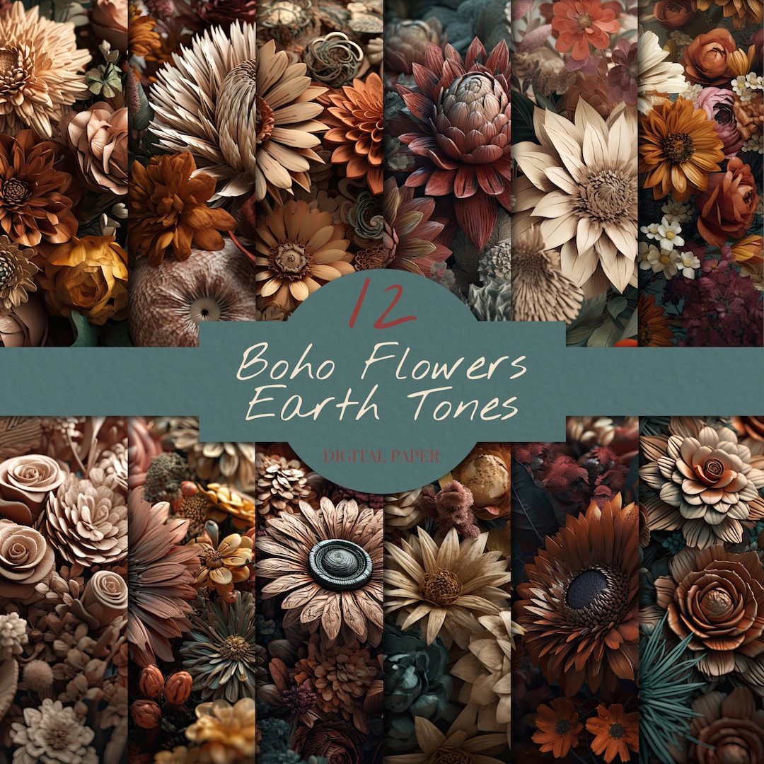 Boho Earth Tone Flowers Digital Paper Junk Journal, Floral JPEG Digital