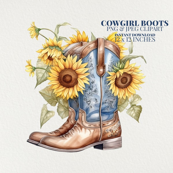 Cowgirl Boots & Sunflower Watercolor PNG Commercial Use Clip Art, Western Clipart PNG, Sunflower Clipart, Diy Crafts, Country Cowboy png