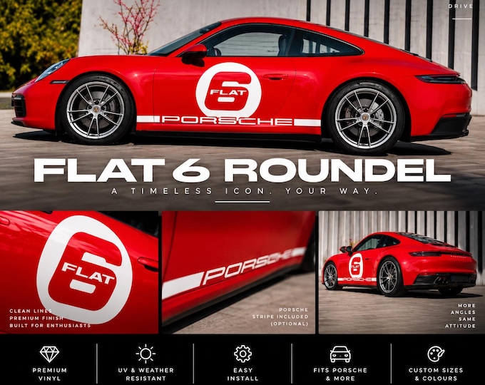 Custom Flat 6 Door Decal Set | OEM Style Heritage Racing Roundel & Stripes Fits Porsche