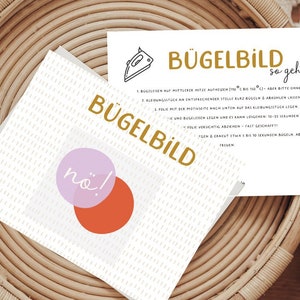 Könnte beinhalten: Anleitung zum Aufbügeln eines Bügelbildes mit den Worten "Bügelbild" und "so geht's" in goldener Schrift. Die Anleitung ist in deutscher Sprache verfasst. Es gibt einen roten und pinken Kreis mit dem Wort "no!" in schwarzer Schrift.