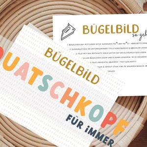 Könnte beinhalten: Ein farbenfroher Bügelbild mit dem Text "Quatschkopf für immer". Eine separate Anleitung zum Aufbügeln des Bildes ist enthalten.