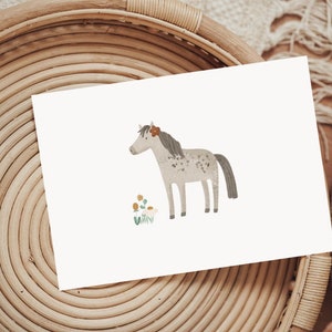 Postkarte Pferd Apfelschimmel  Blumen Aquarell Illustration Grußkarte Hochwertiger Druck auf Premium-Papier