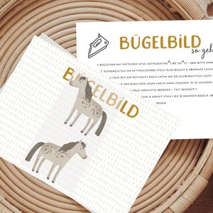 Könnte beinhalten: Eine weiße Karte mit Anweisungen zur Verwendung von Bügelbildern. Die Karte zeigt eine goldene Grafik eines Pferdes und den Text "Bügelbild so geht's".
