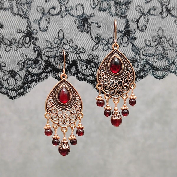 Antique Ethnic Earrings for Women Rose Gold Delicate Tribal Earrings Teardrop Dangle Earrings Filigree Earrings Statement Boho Jewelry