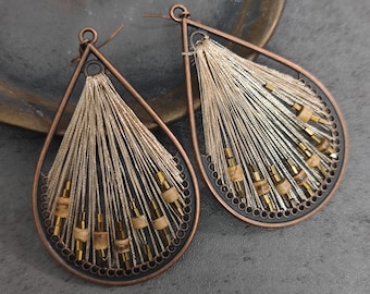 Antique Thread Earrings, Unique Thread Dangle Drop Earrings, Large Beads Earrings, Boho Diamond Earrings, Rhombus Earrings, Big Teardrop