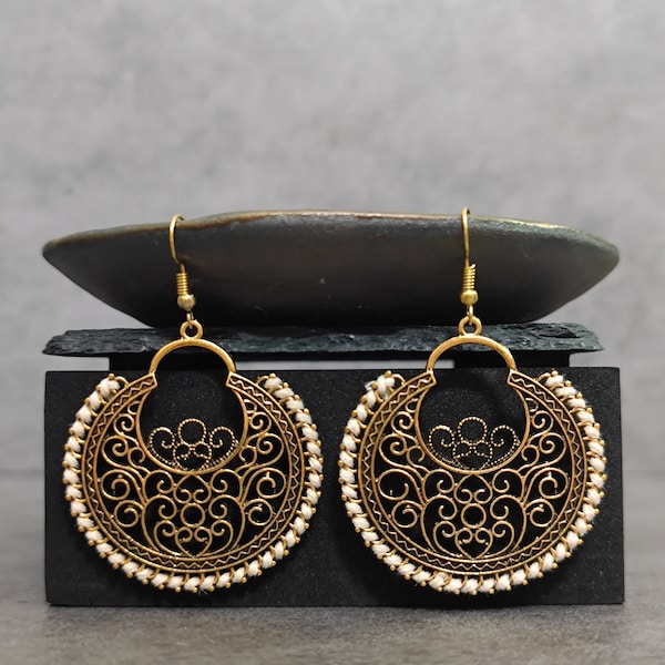 Unique Boho Drop Earrings, Large Boho Earrings, Ethnic Fillgree Earrings, Hollow Earrings, Ethnic Hollow Earrings Mandala Carved Earrings