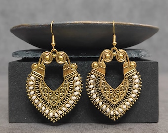 Big Ethnic Earrings Women Boho Earrings Filigree Earrings Peach Heart Earrings Intricate Earrings Dangle Drop Earrings Mandala Earrings