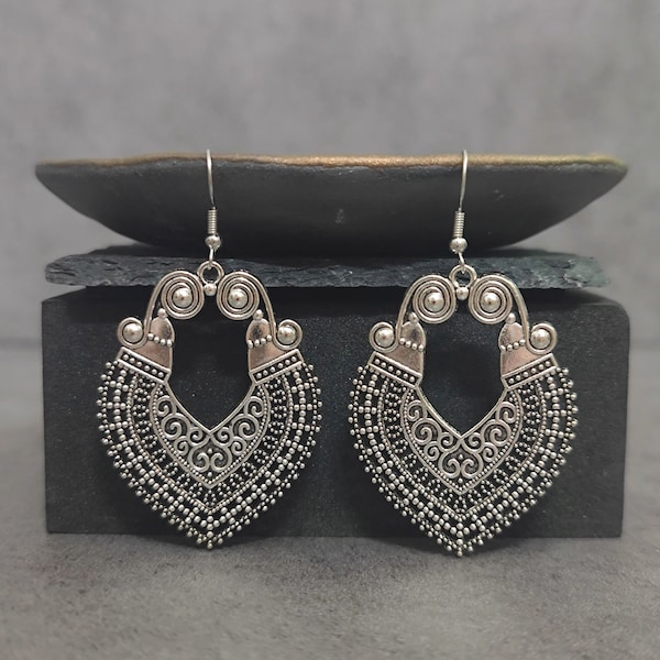 Antique Statement Earrings, Large Boho Earrings, Silver Drop Earrings, Ethnic Style Earrings, Silver Tibetan Earrings, Silver Gipsy Earrings