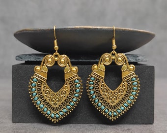 Large Ethnic Earrings Women Boho Earrings Filigree Earrings Peach Heart Earrings Intricate Earrings Dangle Drop Earrings Mandala Earrings