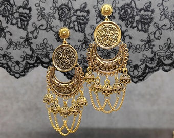 Antique Ethnic Stud Earrings for Women Long Filigree Statement Earrings Bridal Earrings Indian Wedding Indian Style Earrings Carved Flower