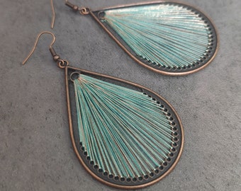 Large Boho Earrings, Green Drop Earrings, Thread Earrings, Mint Green Thread Earrings, Large Tassel Earrings, Big Teardrop Earrings Bohemian