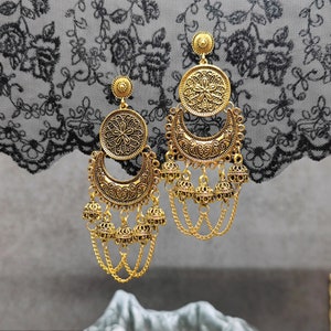 Antique Ethnic Stud Earrings for Women Long Filigree Statement Earrings Bridal Earrings Indian Wedding Indian Style Earrings Carved Flower