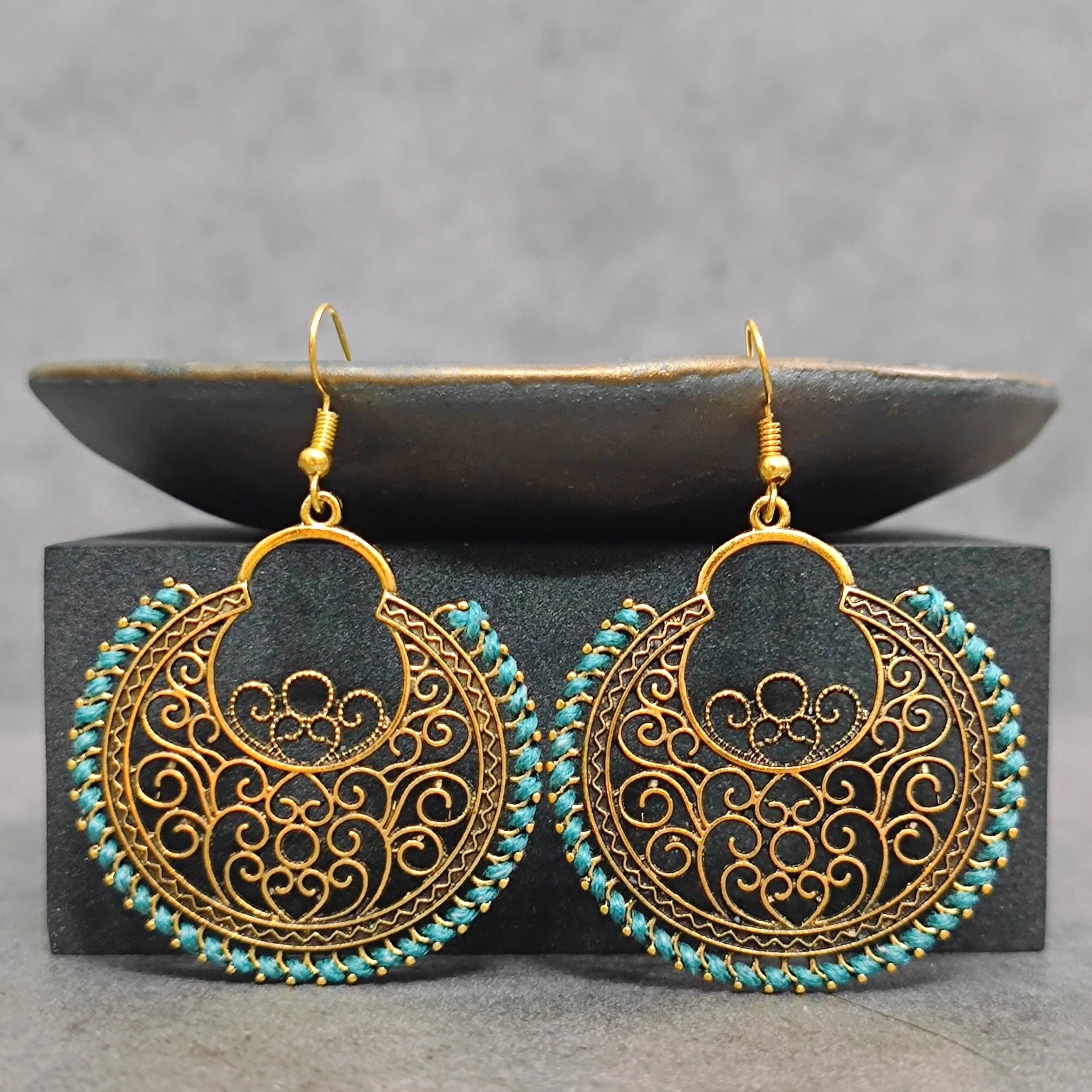 Large Ethnic Earrings for Women Golden Filigree Earrings Tribal Dangle Earrings Bohemian Style Earrings Boho Jewelry Mandala Carved Earrings