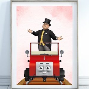 May include: A red toy train with a smiling face, driven by a man in a top hat and a black suit. The train is on a track and the background is a pink watercolour wash.