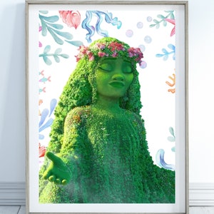 May include: A digital illustration of a green, female figure with a flower crown. The figure is surrounded by watercolour-style flowers, seaweed, and bubbles on a white background.
