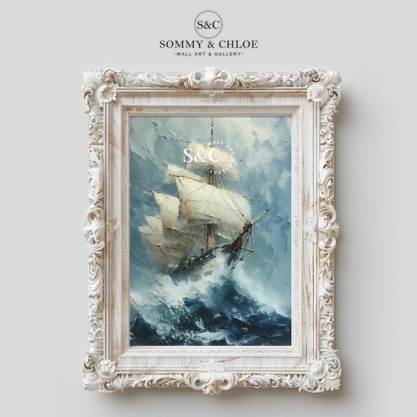 Antique Voyage: Vintage Sailing Vessel Stormy Seas Wall Art SL006 | Printable Digital Oil Painting| Ship At Sea British Marine Nautical Art