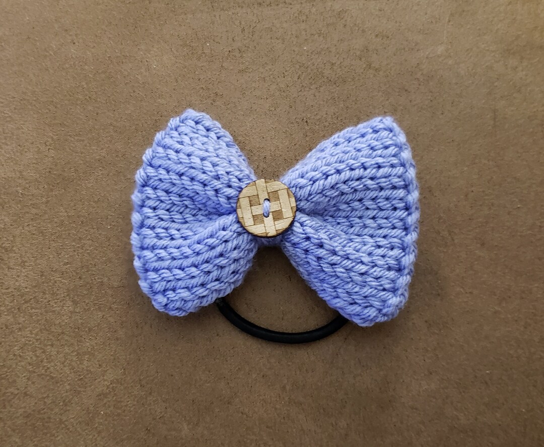 Handmade Knit Hair Bow Ponytail Holder 4in Lavender/purple With Button
