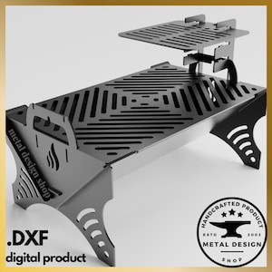 Puede incluir: Parrilla de metal negro con un estante lateral y un asa. La parrilla está diseñada para ser portátil y tiene un diseño único. La parrilla está etiquetada con el texto "metal design shop" y ".DXF digital product".