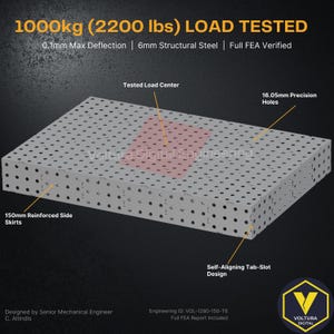 May include: A gray, rectangular metal plate with numerous holes, labeled with "1000kg (2200 lbs) LOAD TESTED." Features include 150mm reinforced side skirts, 16.05mm precision holes, and a self-aligning tab-slot design. The plate is designed by C. Altindis.