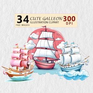 Cute Galleon Watercolor Clipart PNG Digital Download Wall ART Downloadable Cute Bundle Element Free License Invitation Mugs Tshirt Stickers