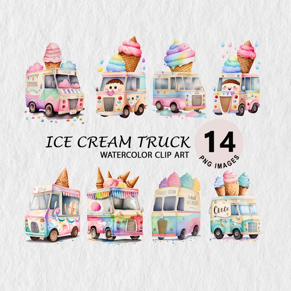 Cute Ice Cream Truck Watercolor Clipart Element Illustration Transparent PNG Bundle Wall Art Mug Free Commercial License Stickers