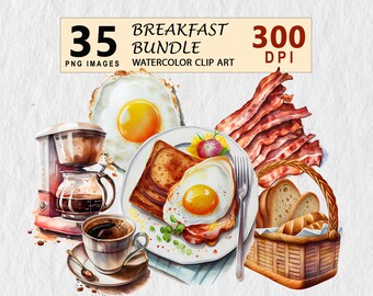 Breakfast Bundle Clipart Watercolor Downloadable Illustration Transparent PNG Element Invitation Scrapbook Tshirt Free License Stickers