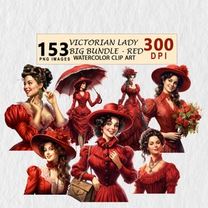 Victorian Lady BIG Bundle - Red Watercolor Clipart PNG Nursery Digital Planner Junk Journal Invitation Tshirt Commercial License Stickers