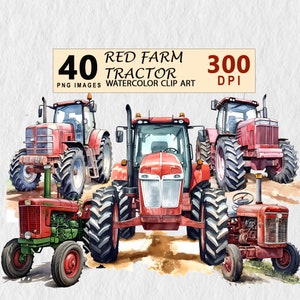 Red Farm Tractor Watercolor Clipart PNG for Nursery Wall Art Digital Planner Junk Journal Invitation Tshirt Mugs Commercial License Stickers