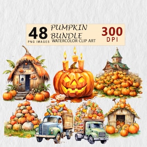 Pumpkin Bundle Watercolor Clipart PNG Nursery Wall Art Scrapbooking Digital Planner Journal Invitation Tshirt Commercial License Stickers