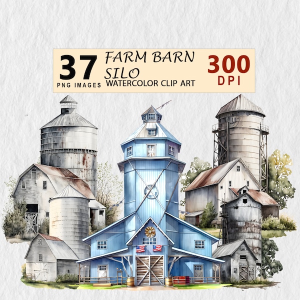 Farm Barn SIlo  Watercolor Clipart Digital Art Transparent PNG Download Illustration Commercial License Invitation Mugs Tshirt Stickers