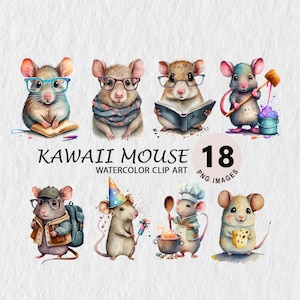 Kawaii Cute Mouse Animal Clipart Watercolor Transparent PNG Bundle Scrapbooking Wall Art T-shirt,  Cap Free Commercial License Stickers
