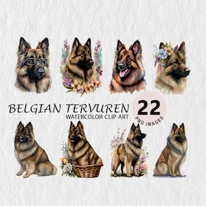Belgian Tervuren Clipart Watercolor Illustration Transparent PNG Bundle Scrapbooking Wall Art T-shirt, Cap, Free Commercial License Stickers