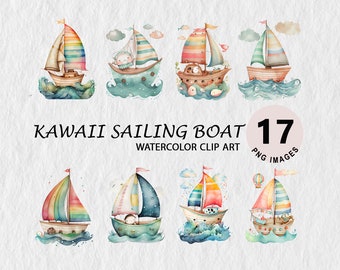 Cute Sailing Boat Watercolor Clipart Element Illustration Transparent PNG Bundle Wall Art Mug Free Commercial License Stickers