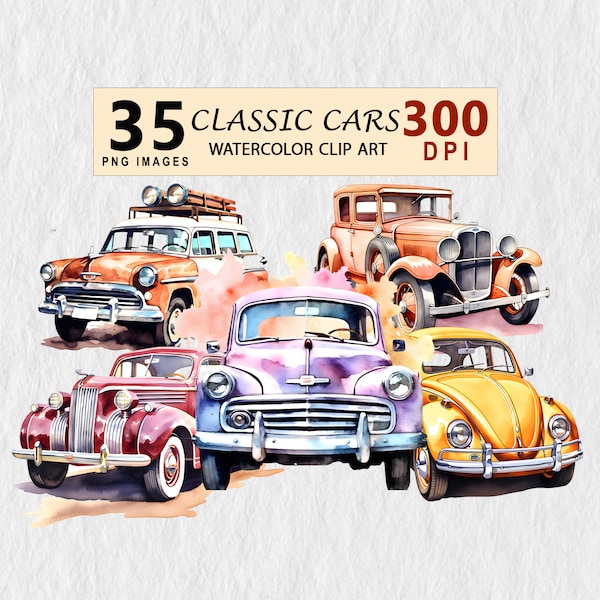 Classic Cars  Watercolor Clipart Digital Art Transparent PNG Download Illustration Commercial License Invitation Mugs Tshirt Stickers