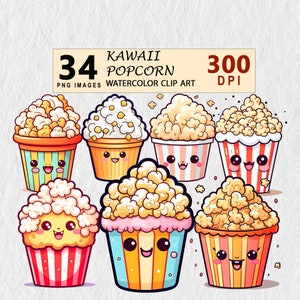 Kawaii Popcorn Aquarell Clipart Digital Transparent PNG Download Clip Art Illustration Kommerzielle Lizenz Einladung Tassen Tshirt Aufkleber