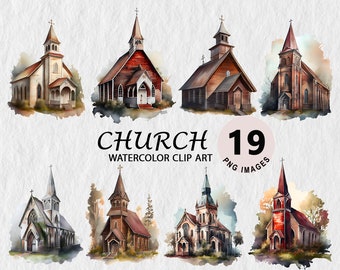 Church Clipart Watercolor Downloadable Illustration Transparent PNG Element Wall Art, Invitation, Scrapbooking Tshirt Free License Stickers