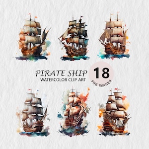 Pirate Ship Watercolor Clipart Element Illustration Transparent PNG Bundle Wall Art Mug Scrapbook Free Commercial License Stickers