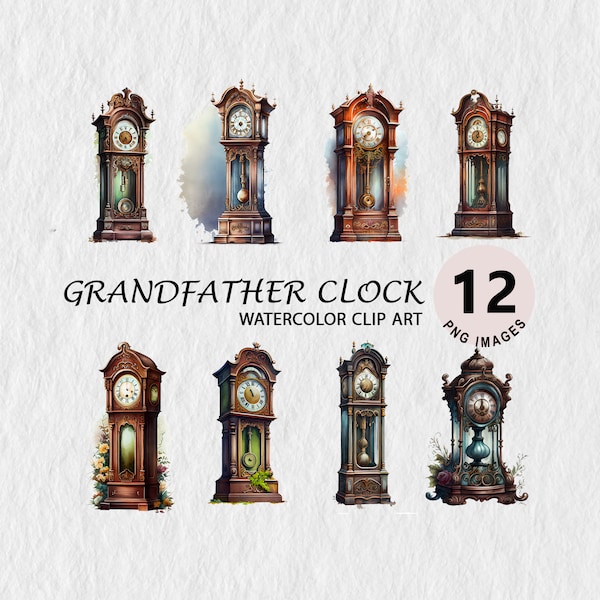 Grandfather Clock Watercolor Clipart Element Illustration Transparent PNG Bundle Wall Art Mug Free Commercial License Stickers