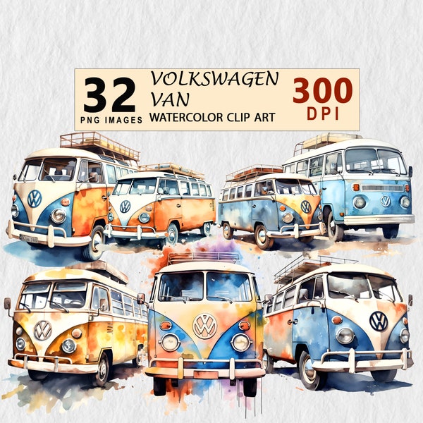 Volkswagen Van Watercolor Clipart PNG Digital Download Planner Wall ART Downloadable Cute Clip Art Bundle Element Free License Wall Sticker