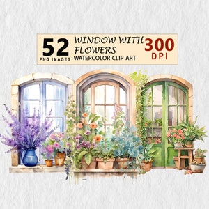 Windows met bloemen aquarel clipart illustratie transparante PNG download bundel kunst aan de muur, uitnodiging gratis commerciële licentiestickers