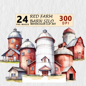 Red Farm Barn SIlo Watercolor Clipart PNG Nursery Wall Art Digital Planner Junk Journal Invitation Tshirt Mugs Commercial License Stickers