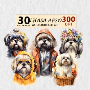 Lhasa Apso Watercolor Clipart Illustration Transparent PNG Download Bundle Wall Art Invitation T-shirt Mug Free Commercial License Stickers