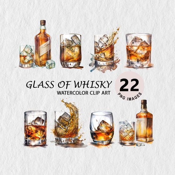 Glass of Whisky Clip art Clipart Element Watercolor Illustration Transparent PNG Bundle Wall Art Tshirt Mug Free Commercial License Stickers