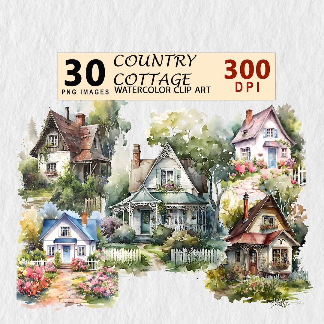 Country Cottage Watercolor Clipart PNG Digital Download Planner Wall ...