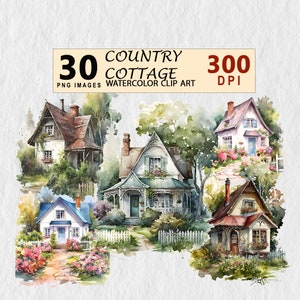 Country Cottage Aquarela Clipart PNG Download digital Planner Wall ART para download Cute Bundle Element Licença gratuita Adesivos de arte de parede