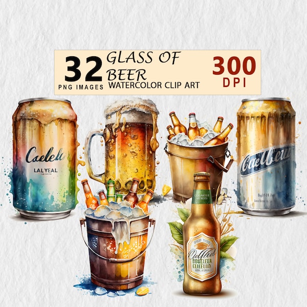 Glass of Beer Watercolor Clipart PNG Nursery Wall Art Digital Planner Junk Journal Invitation Tshirt Mugs Commercial License Stickers