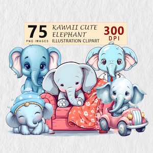 Kawaii Cute Elephant Watercolor Clipart PNG Digital Download Planner Wall ART Downloadable Cute Bundle Element Free License Stickers