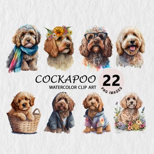 Cockapoo Clipart Watercolor Illustration Transparent PNG Bundle Scrapbooking Wall Art T-shirt, Mugs, Cap, Free Commercial License Stickers
