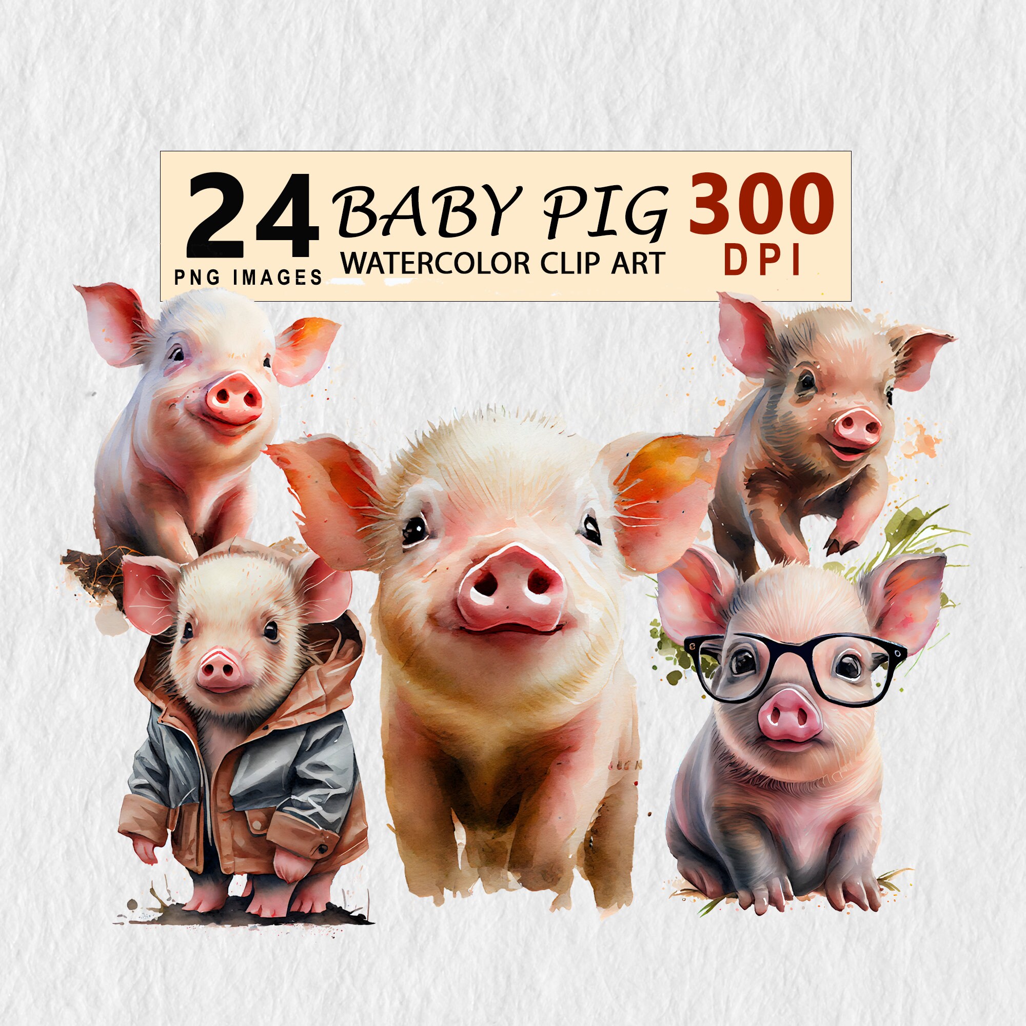 Baby Pig Piglet Watercolor Clipart Illustration Transparent PNG Download Bundle Wall Art Invitation TShirt Free Commercial License Stickers